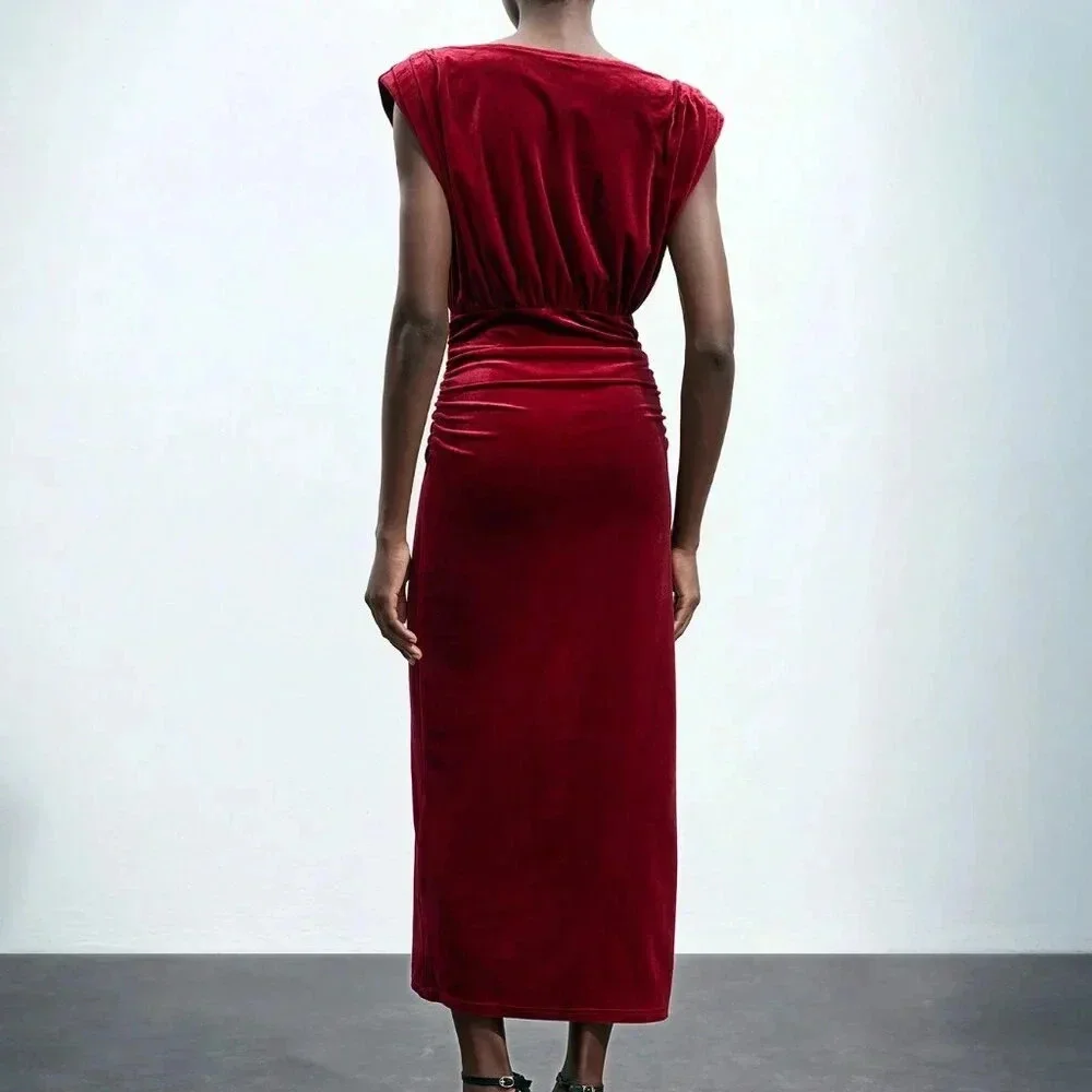 Burgundy Elegant Women's Urban Chic Long Velvet Christmas Party Holiday Dress